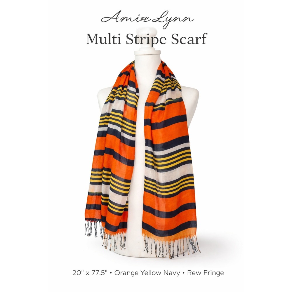 Amiee Lynn Womens Multi Stripe Scarf Orange‎ Yellow Navy Raw Fringe A230129/81
